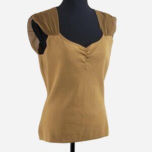 CATO Tan Sleeveless Blouse | Sheer Mesh Sleeves | Size Medium